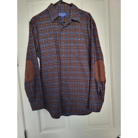 NWOT Pendleton Trail Men's Medium Plaid Flannel Blue Brown Elbow Patches - Picture 1 of 3